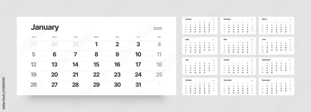 Monthly calendar template for 2025 year. Wall calendar in a minimalist style. Week Starts on Sunday. Monthly calendar template for 2025 year. Wall calendar in a minimalist style. Week Starts on Sunday.
