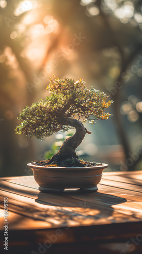 Serene Bonsai Tree in Sunlit Room Capturing Tranquility