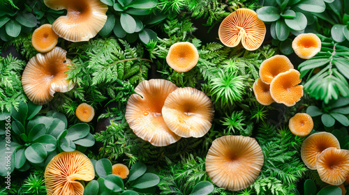 Nature backdrop of chanterelle mushrooms nestled amidst lush foliage, exemplifying sustainable practice of foraging as eco-friendly pastime, blending serenity of nature with pleasure of harvesting