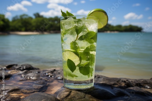 Refreshing mojito cocktail on a beach bar table with a stunning view of the sea in the background