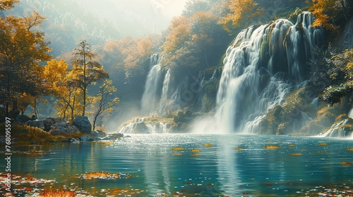 Panoramic beautiful waterfall on deep forest.