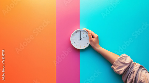 Hand adjusting clock, time management concept, pastel background.