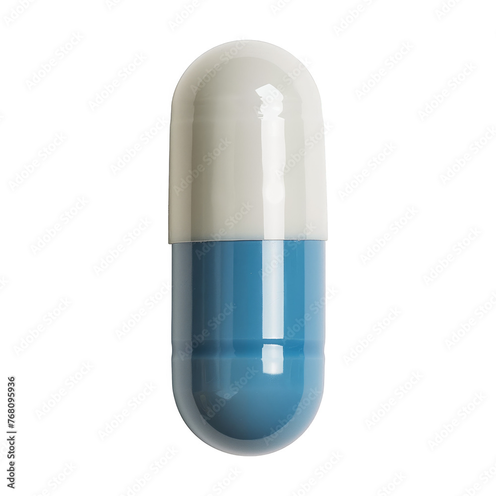 A blue and white pill is sitting on a white background A blue and white pill is sitting on a white background