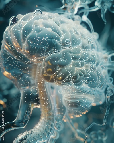 A 3Drendered Xray image of a human brain, with intricate neural patterns visible, overlaid with a futuristic joystick interface allowing manipulation of brain functions