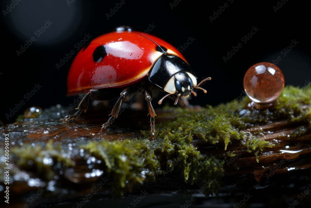 Obraz premium Close-up of ladybug on vibrant green leaf, macro nature shot of insect in its natural habitat