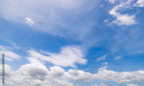 Panoramic view of clear blue sky and clouds, Blue sky background with tiny clouds. White fluffy clouds in the blue sky. Captivating stock photo featuring the mesmerizing beauty of the sky and clouds. 