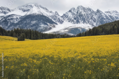 A vibrant summer meadow bursts with colorful wildflowers against a backdrop of snow-capped alpine mountains © MobbyStock