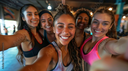 Group selfie of women of all fitness levels at diverse fitness class, healthy lifestyle concept.