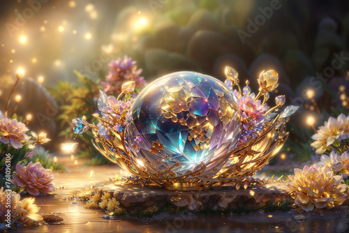 A bright multicolored crystal ball stands in a golden crown. Fabulous multicolored flowers grow on the bank of a golden stream. © Svitlana
