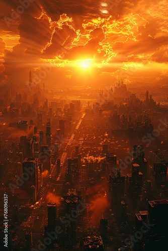 A cityscape rendered in 3D, where buildings and roads are warped by the extreme heat of the sun Wideangle view, showcasing the vast expanse of the urban landscape The lighting is intense