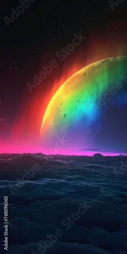 Aurora borealis like rainbow colors on the moon sky with a surreal weird dark touch Background created with Generative AI Technology © Sentoriak