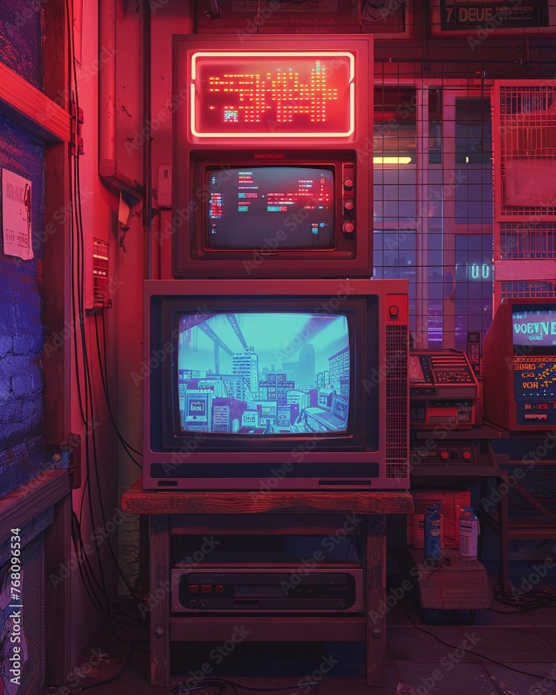 An old TV sits atop a wooden stand, displaying the vibrant graphics of an 80sera game console The room is bathed in neon light