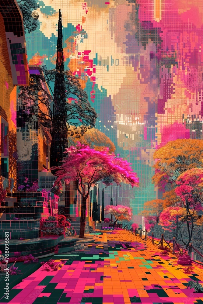 Artists exploring virtual reality worlds, their surroundings transformed into a pixelated retro dream, navigating through abstract environments, mediumshot angle, nostalgic mood, pixel art style