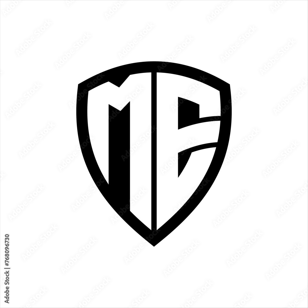 ME monogram logo with bold letters shield shape with black and white color design ME monogram logo with bold letters shield shape with black and white color design