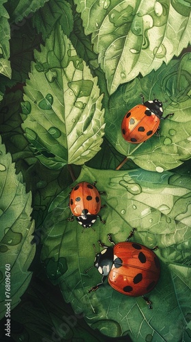 Ladybugs crawling on vibrant green leaves, bathed in dappled sunlight, macro shot, whimsical mood, watercolor style , High detail, High resolution, © ANNetz_PK