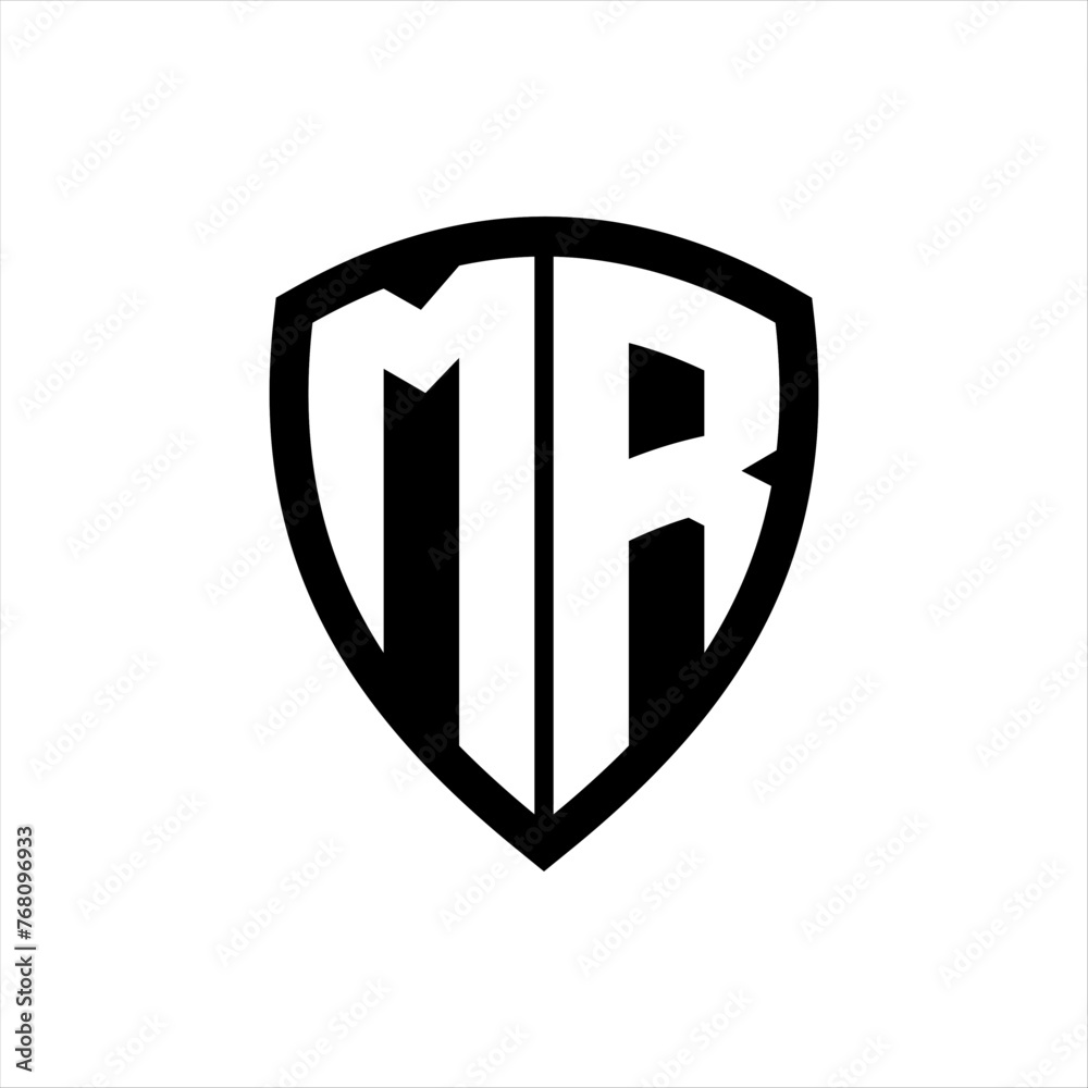 MR monogram logo with bold letters shield shape with black and white color design MR monogram logo with bold letters shield shape with black and white color design