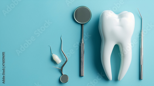 Tooth and dental instruments on blue background, generative ai