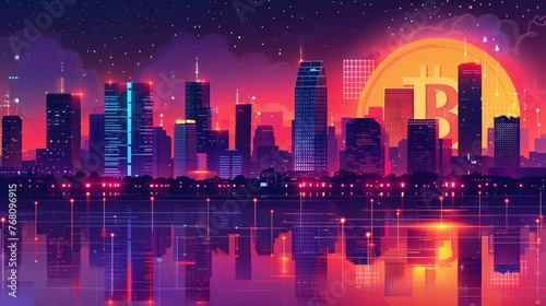 Futuristic city skyline with Bitcoin dominating the skyline  neon lights  dynamic angles  hyperdetailed