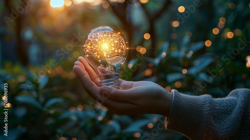 Hand with a bulb, illuminated brain inside, twilight, closeup, ethereal style