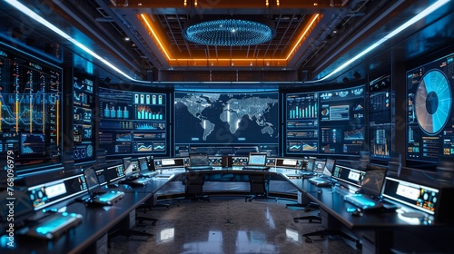 Hightech command center with multiple screens displaying realtime data analysis  focusing on pie charts and histograms for strategic decisions