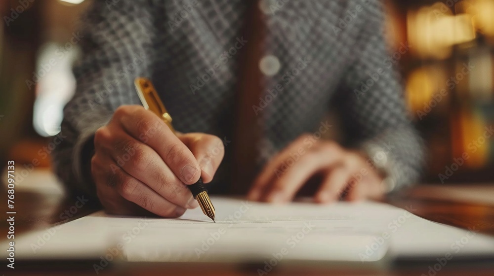 Professional signing paperwork, pen poised, neutral background, detailed closeup Professional signing paperwork, pen poised, neutral background, detailed closeup