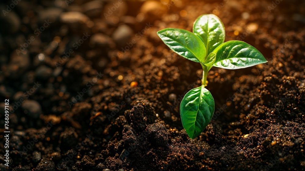 Soil and scattered light roast beans, green sprout emerging center, sunrise glow, overhead view, life s essence Soil and scattered light roast beans, green sprout emerging center, sunrise glow, overhead view, life s essence