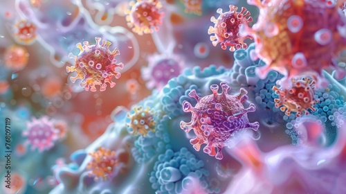 Pathogenic virus in human cells, 3D illustration, bright colors, top view, detailed texture