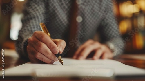 Professional signing paperwork, pen poised, neutral background, detailed closeup photo