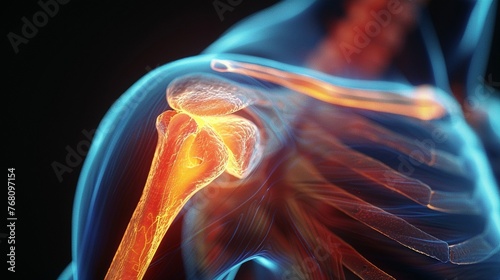 Realistic 3D rendering of shoulder showing muscles, tendons, and inflamed areas causing pain, suitable for medical presentations