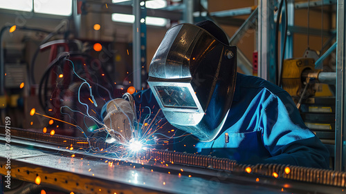 close up of a welder is welding in the workstation, welder at the workstation, welder doing hard work in the garage