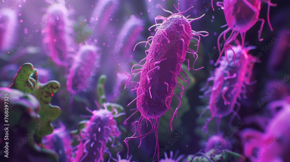 Bacteria evolving armor against antibiotics, dramatic side lighting, foreboding atmosphere - obrazy, fototapety, plakaty 