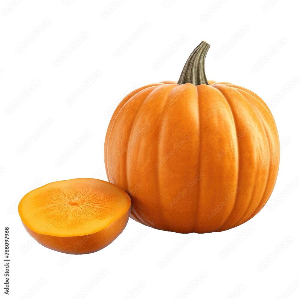 one whole pumpkin and one slice on a white isolated background one whole pumpkin and one slice on a white isolated background