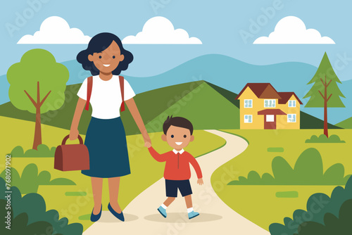 mom and son go to the school on on the village road 