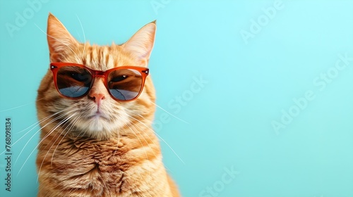 portrait of an orange cat wearing sunglasses isolated on clear blue background, copy space concept