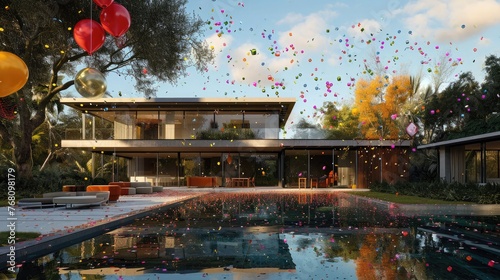 Magic of confetti and balloons on a contemporary mansion, side, front, and backyard view. © Lal