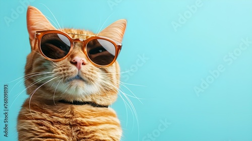 portrait of an orange cat wearing sunglasses isolated on clear blue background, copy space concept