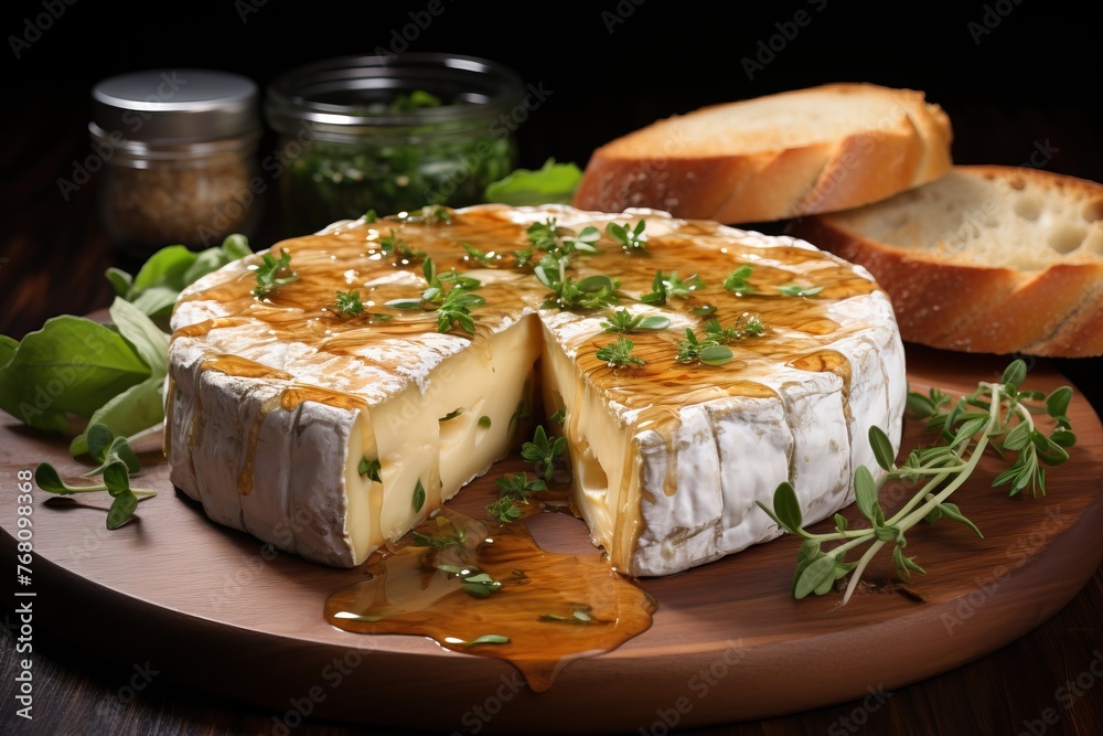 Baked Camembert cheese with spices, herbs, sauce and baguette Baked Camembert cheese with spices, herbs, sauce and baguette
