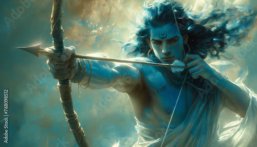 Hindu god Rama with bow and arrows. Ramanavami celebration