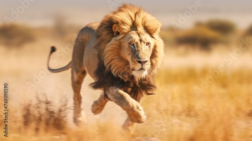 photo lion running with savanna background photo