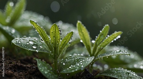 Illustrate a delicate small plant adorned with dew drops  symbolizing the beauty and fragility of the environment. Emphasize the intricate details of the plant and the glistening droplets  capturing t