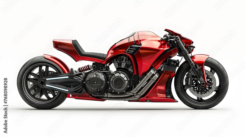 Red motorcycle, futuristic style, on white background