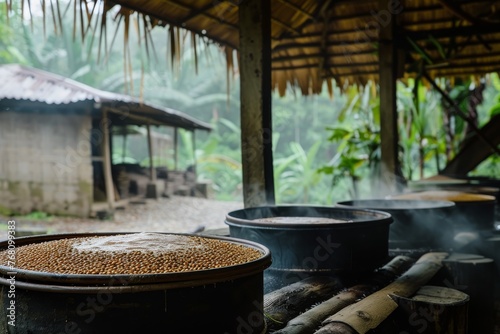 Traditional method of coffee fermentation, showcasing the natural process in a rustic setting