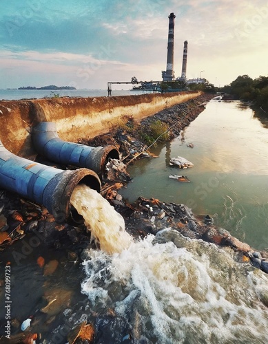 Environmental damage concept, Industrial and factory wastewater discharge pipe into the canal and sea, dirty water pollution, Sewage pipe outfall into the river, the river is polluted photo