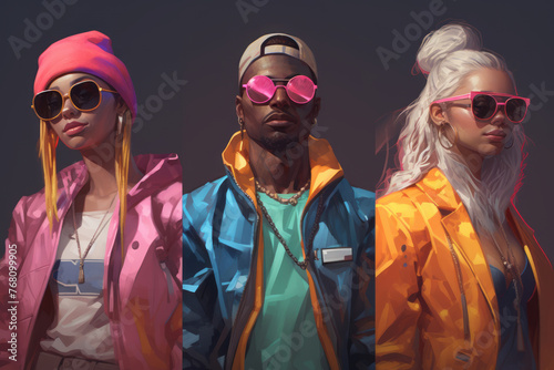 Portrait of three stylish young people in bright sport clothes and sunglasses.