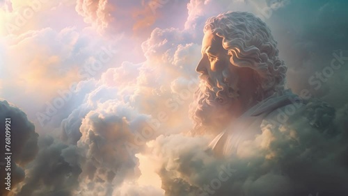 Saint Peter in white clouds of heaven. 4k video of saint Peter in heaven. Gate keeper of god. Keeping the heaven gates in clouds symbol of paradise photo