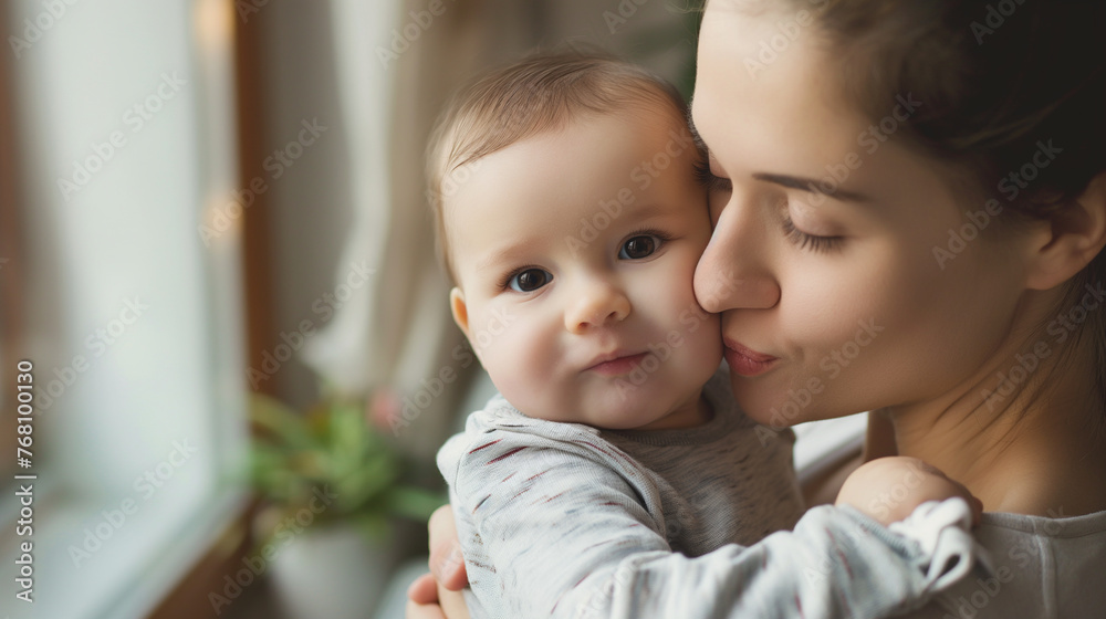A close-up of a mother, sitting by the living room window, holding her baby boy close and kissing his cheek, the soft natural light highlighting their expressions of pure love and A close-up of a mother, sitting by the living room window, holding her baby boy close and kissing his cheek, the soft natural light highlighting their expressions of pure love and