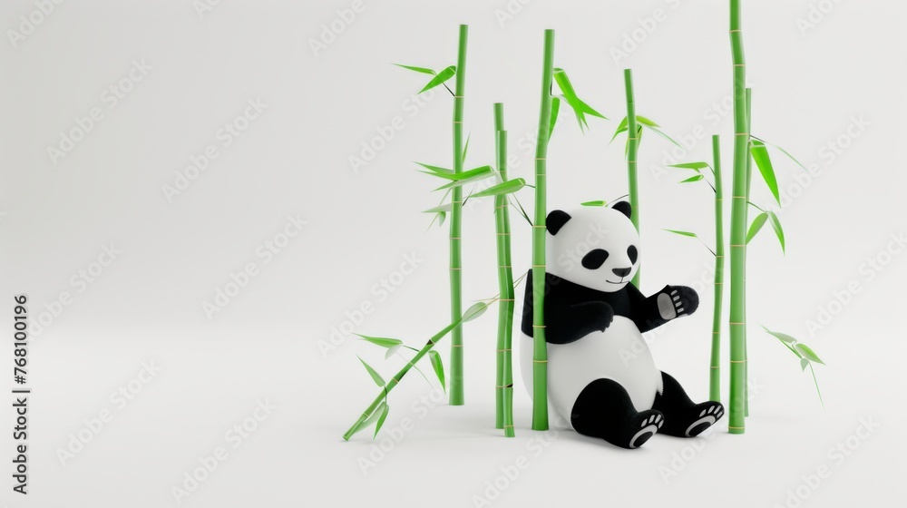 A 3D-rendered panda sits peacefully among bamboo stalks, its expression one of contentment in a minimalist white setting. A 3D-rendered panda sits peacefully among bamboo stalks, its expression one of contentment in a minimalist white setting.