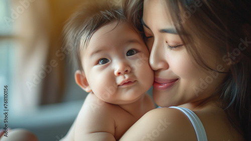 A close-up of a mother, sitting by the living room window, holding her baby boy close and kissing his cheek, the soft natural light highlighting their expressions of pure love and