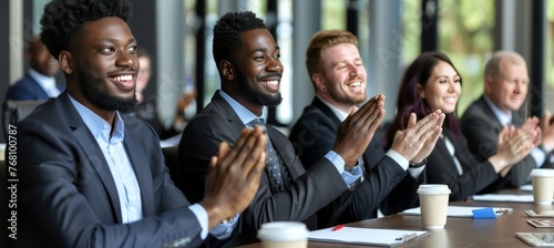 Varied business professionals clapping and expressing approval at a diverse team meeting gathering