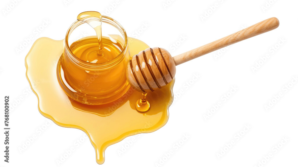 wooden honey dipper and spilled honey, isolated on white background wooden honey dipper and spilled honey, isolated on white background